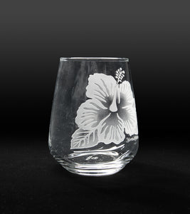 Sand-Etched Hibiscus Stemless. Set of 2