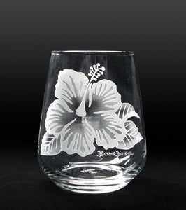 Sand-Etched Hibiscus Stemless. Set of 2