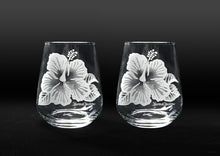 Sand-Etched Hibiscus Stemless. Set of 2