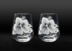 Sand-Etched Hibiscus Stemless. Set of 2