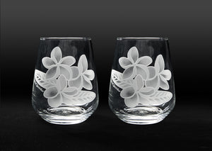 Sand-Etched Plumeria Stemless. Set of 2