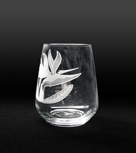 Sand-Etched Bird of Paradise Stemless. Set of 2