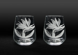 Sand-Etched Bird of Paradise Stemless. Set of 2