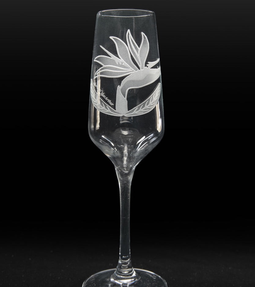 Sand-Etched Bird of Paradise Champagne. Set of 2