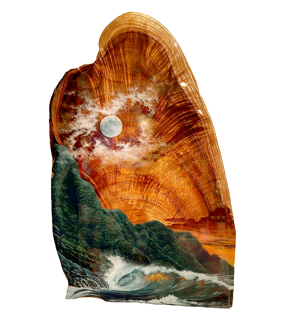 Pintura original sobre koa "Atardecer lunar" de Philip Gagnon, 10 x 18