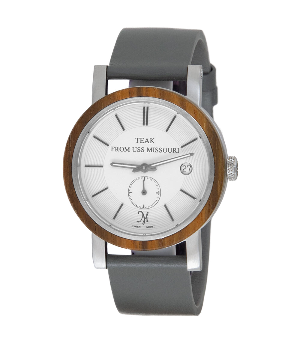 Reloj USSM de teca y acero inoxidable con correa de cuero gris - 31703