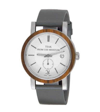 Reloj USSM de teca y acero inoxidable con correa de cuero gris - 31703