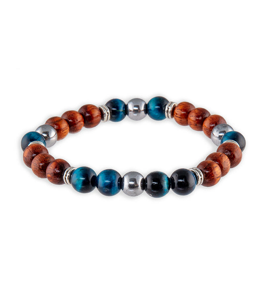 Pulsera de ojo de tigre verde azulado, hematita plateada, metales de aleación y koa de Bergan