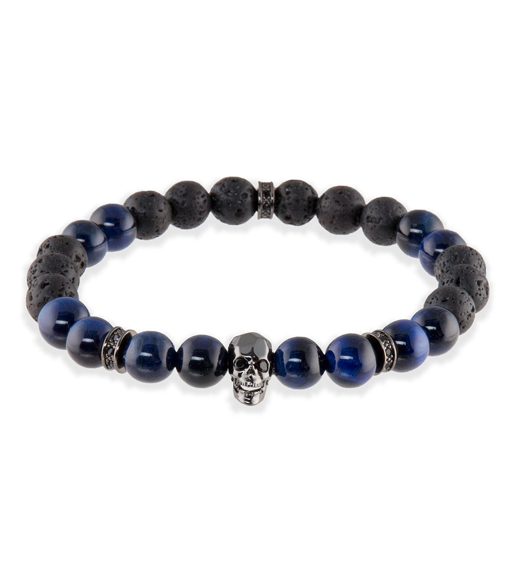 Blue Tiger Eye, Lava, Skull Head & Rondels Bracelet by Bergan