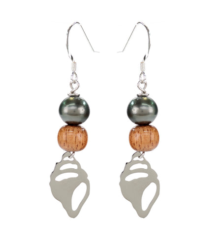 Tahitian Pearl Koa Shell Earrings