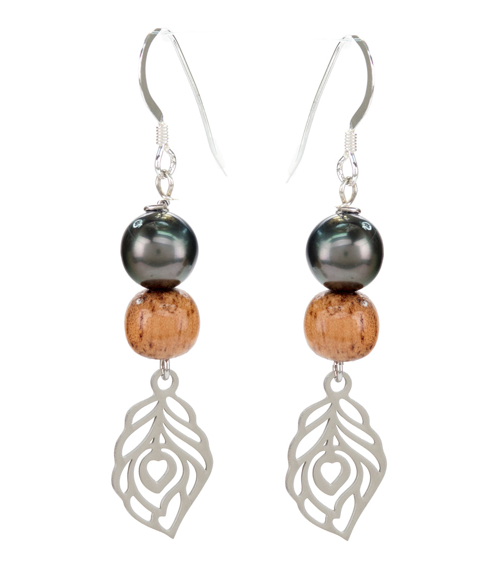 Tahitian Pearl Koa Leaf Earrings