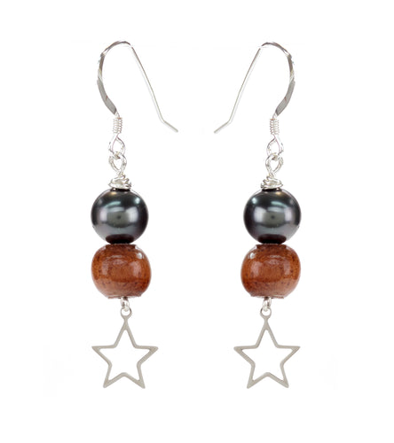 Tahitian Pearl Koa Star Earrings