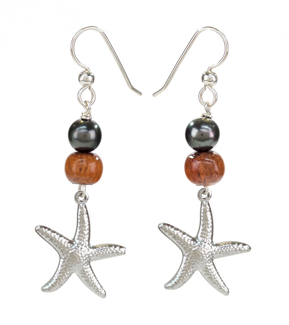 Tahitian Pearl Koa Starfish Earrings