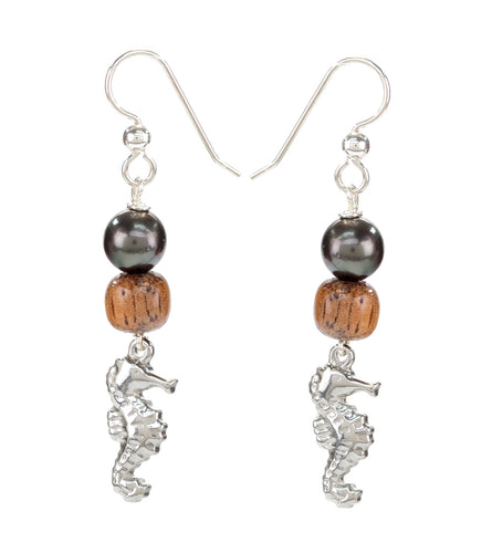 Tahitian Pearl Koa Seahorse Earrings