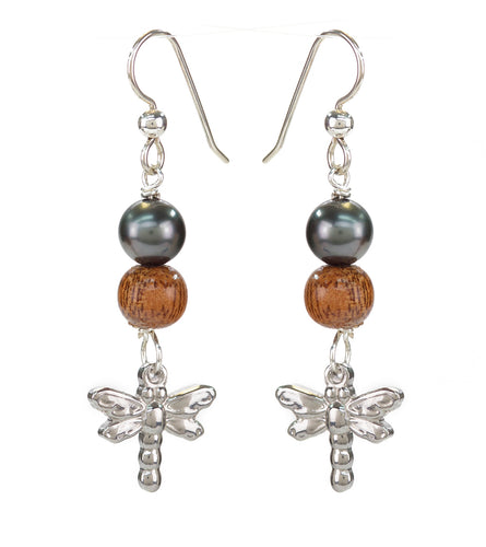 Tahitian Pearl Koa Dragonfly Earrings