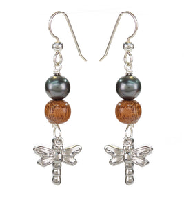 Tahitian Pearl Koa Dragonfly Earrings