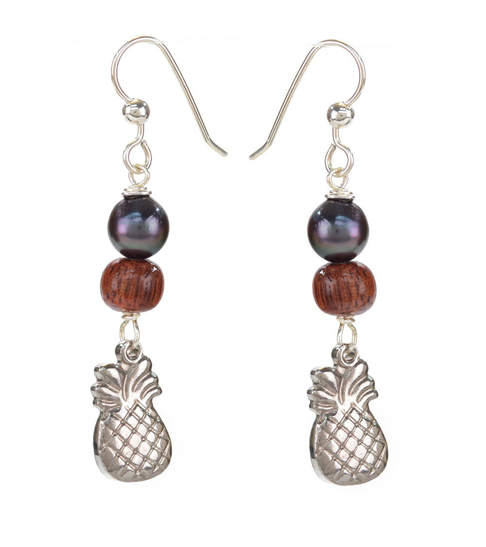 Tahitian Pearl Koa Pineapple Earrings