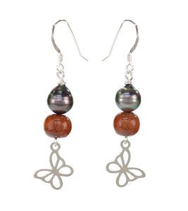 Tahitian Pearl Koa Butterfly Earrings