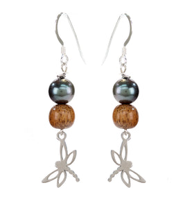 Tahitian Pearl Koa Light Dragonfly Earrings