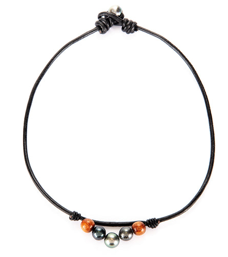 Tahitian Pearl Koa Black Leather Necklace