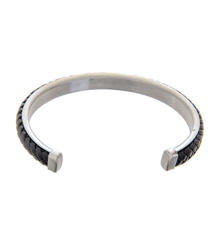Mens Bracelet Steel Bangle with Black Leather