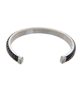 Mens Bracelet Steel Bangle with Black Leather
