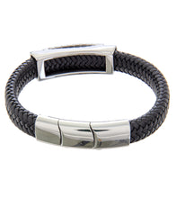 Mens Bracelet 21-23 cm Steel Bangle with Black Leather and extender