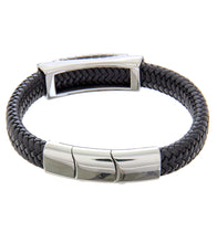 Mens Bracelet Steel Bangle with Black Leather and extender