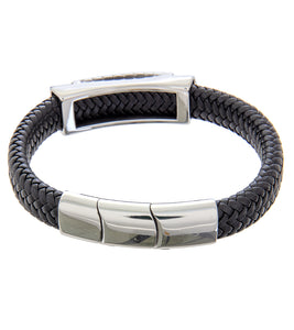 Mens Bracelet 21-23 cm Steel Bangle with Black Leather and extender