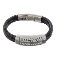 Mens Bracelet Steel Bangle with Black Leather and extender