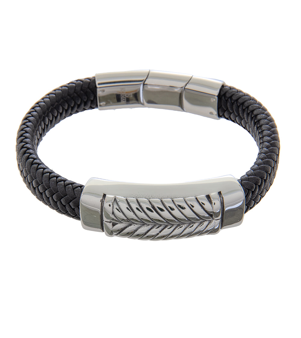 Mens Bracelet 21-23 cm Steel Bangle with Black Leather and extender