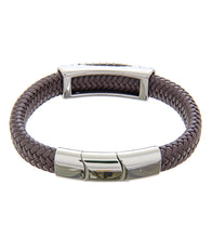 Mens Bracelet Steel Bangle with Brown Leather and extender