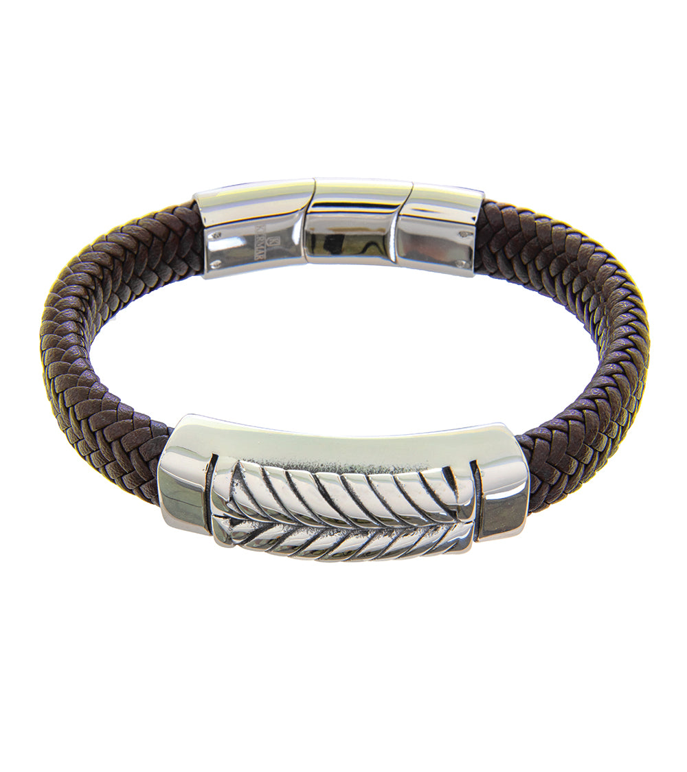 Pulsera de hombre de 21-23 cm de acero con cuero marrón y extensor