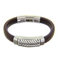 Mens Bracelet 21-23 cm Steel Bangle with Brown Leather and extender