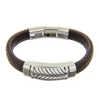 Mens Bracelet Steel Bangle with Brown Leather and extender