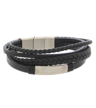 Mens Bracelet Black Multi-Leather with Rhodium Steel and extender