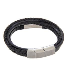 Mens Bracelet Black Multi-Leather with Rhodium Steel and extender