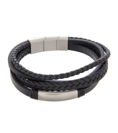 Pulsera para hombre 19-21cm Multipiel Negra con Acero Rodiado y extensor