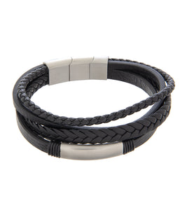 Mens Bracelet Black Multi-Leather with Rhodium Steel and extender