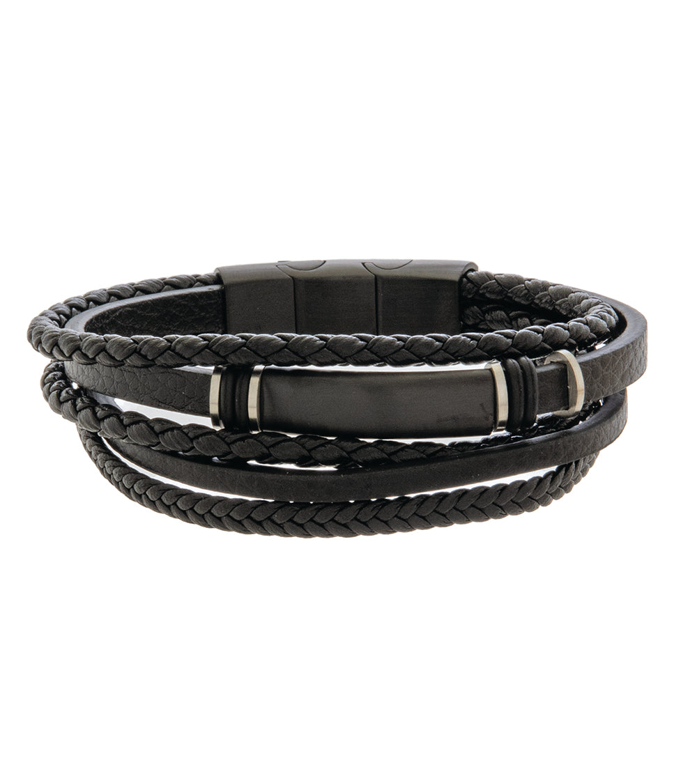メンズブレスレット 19-21cm ブラックマルチレザー ブラックスチールと