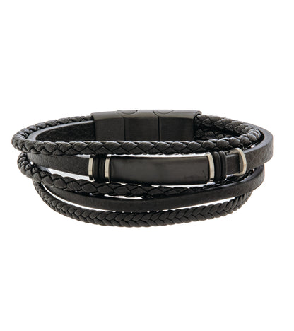 Pulsera para hombre 19-21cm Multipiel Negra con Acero Negro y extensor