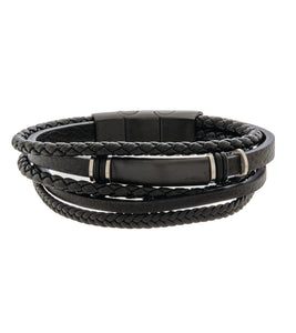 Mens Bracelet 19-21cm Black Multi-Leather with Black Steel and extender