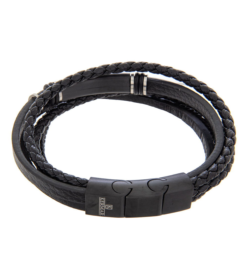 メンズブレスレット 19-21cm ブラックマルチレザー ブラックスチールと