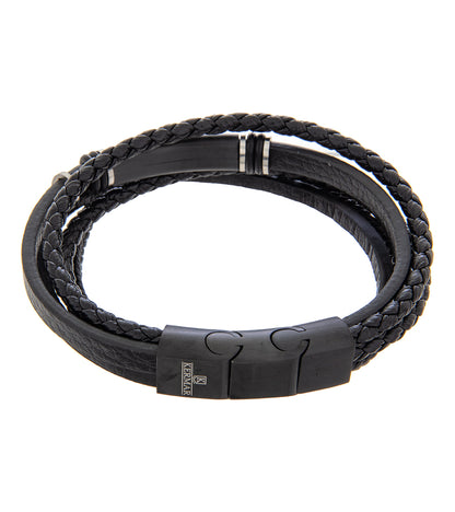 Pulsera para hombre 19-21cm Multipiel Negra con Acero Negro y extensor