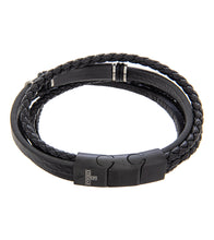 Mens Bracelet 19-21cm Black Multi-Leather with Black Steel and extender