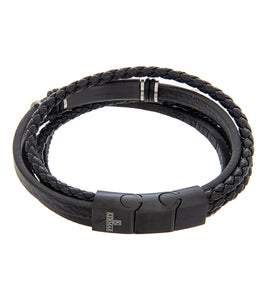 Mens Bracelet 19-21cm Black Multi-Leather with Black Steel and extender