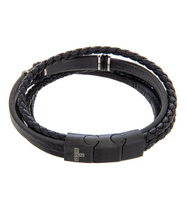 Mens Bracelet Black Multi-Leather with Black Steel and extender