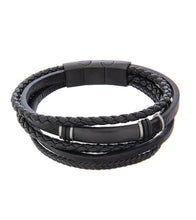 Mens Bracelet 19-21cm Black Multi-Leather with Black Steel and extender