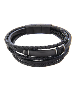 Mens Bracelet Black Multi-Leather with Black Steel and extender