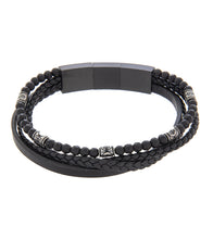 Mens Bracelet Black Multi-Leather with Stone and extender